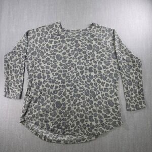 Peace & Pearls Waffle Knit Top Women XXL Gray Leopard Print Raglan Sleeve